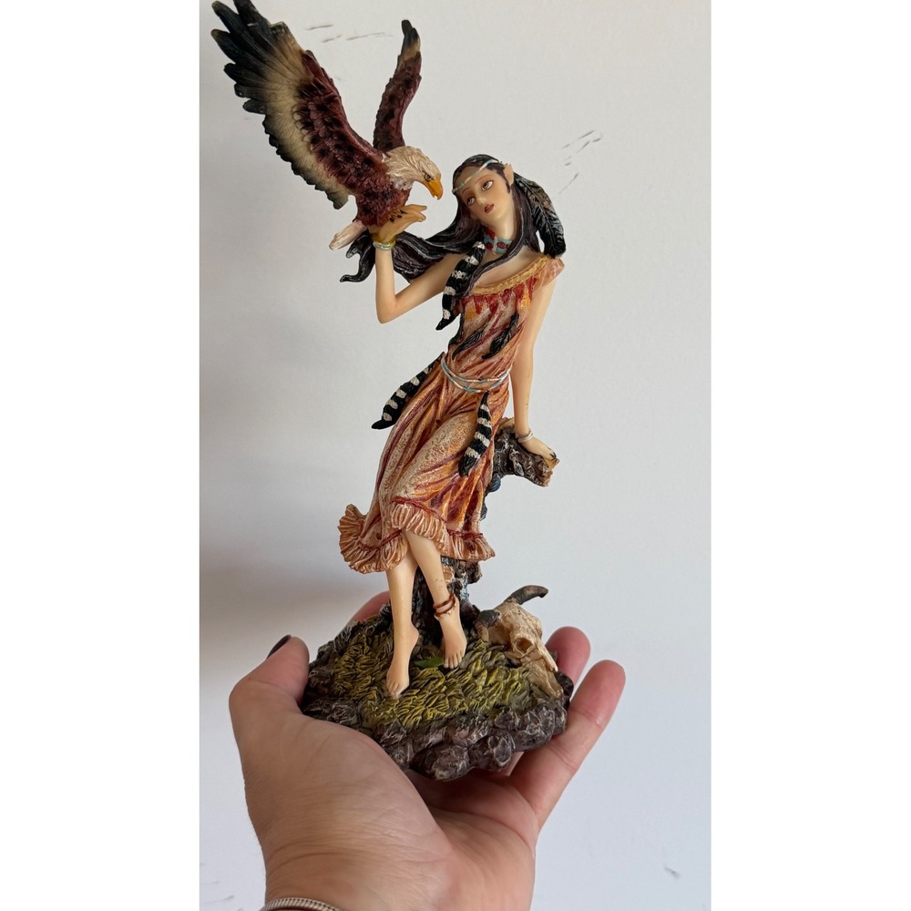 Native American Style Maiden Figurine with Bald Eagle and Bison Skull Statue